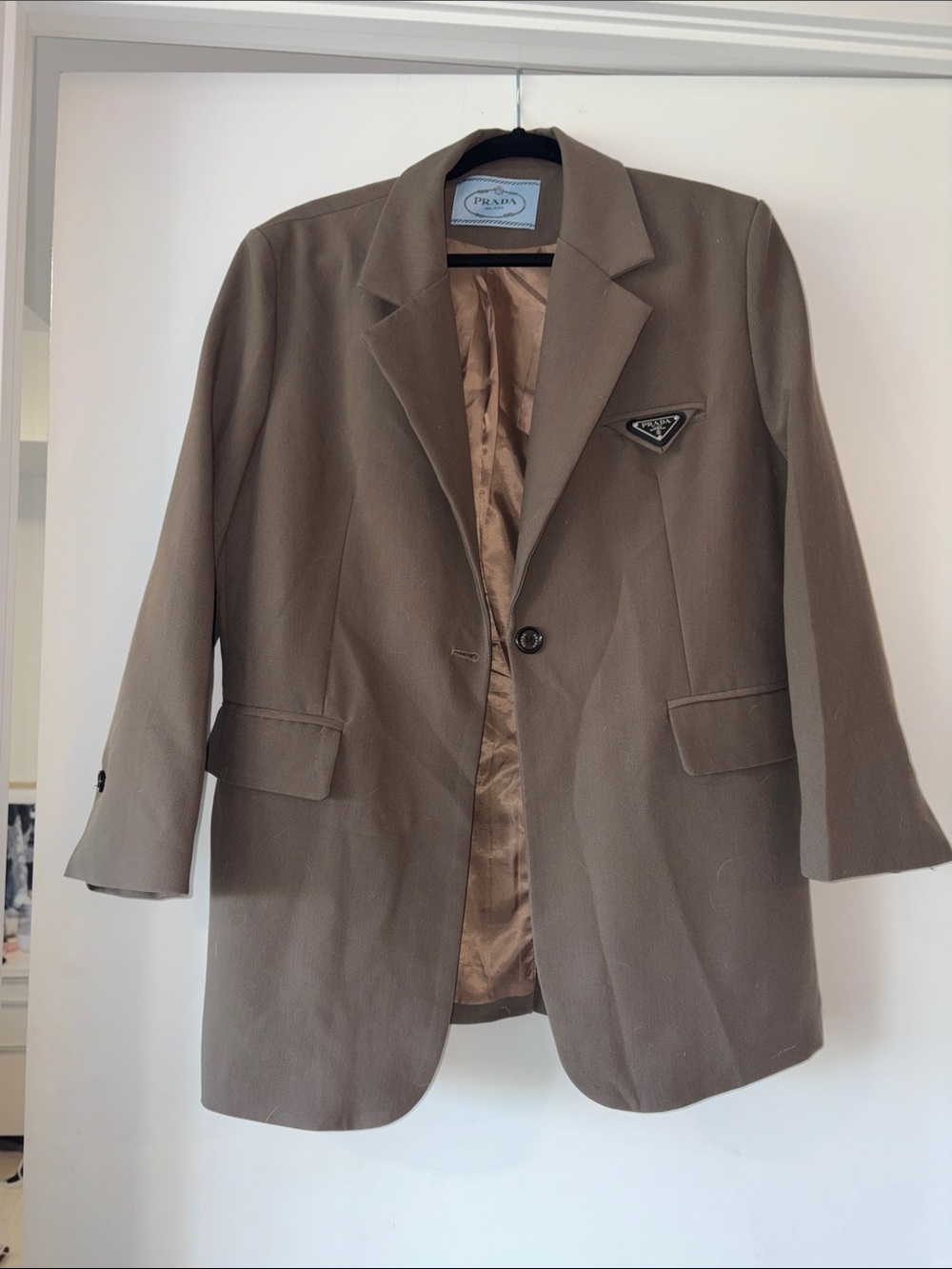 Prada Taupe Single-Button Blazer with Logo Patch